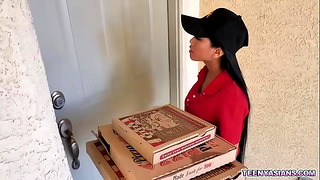 Two Horny Teens Ordered Some Pizza And Fucked This Hot Oriental Delivery Girl.